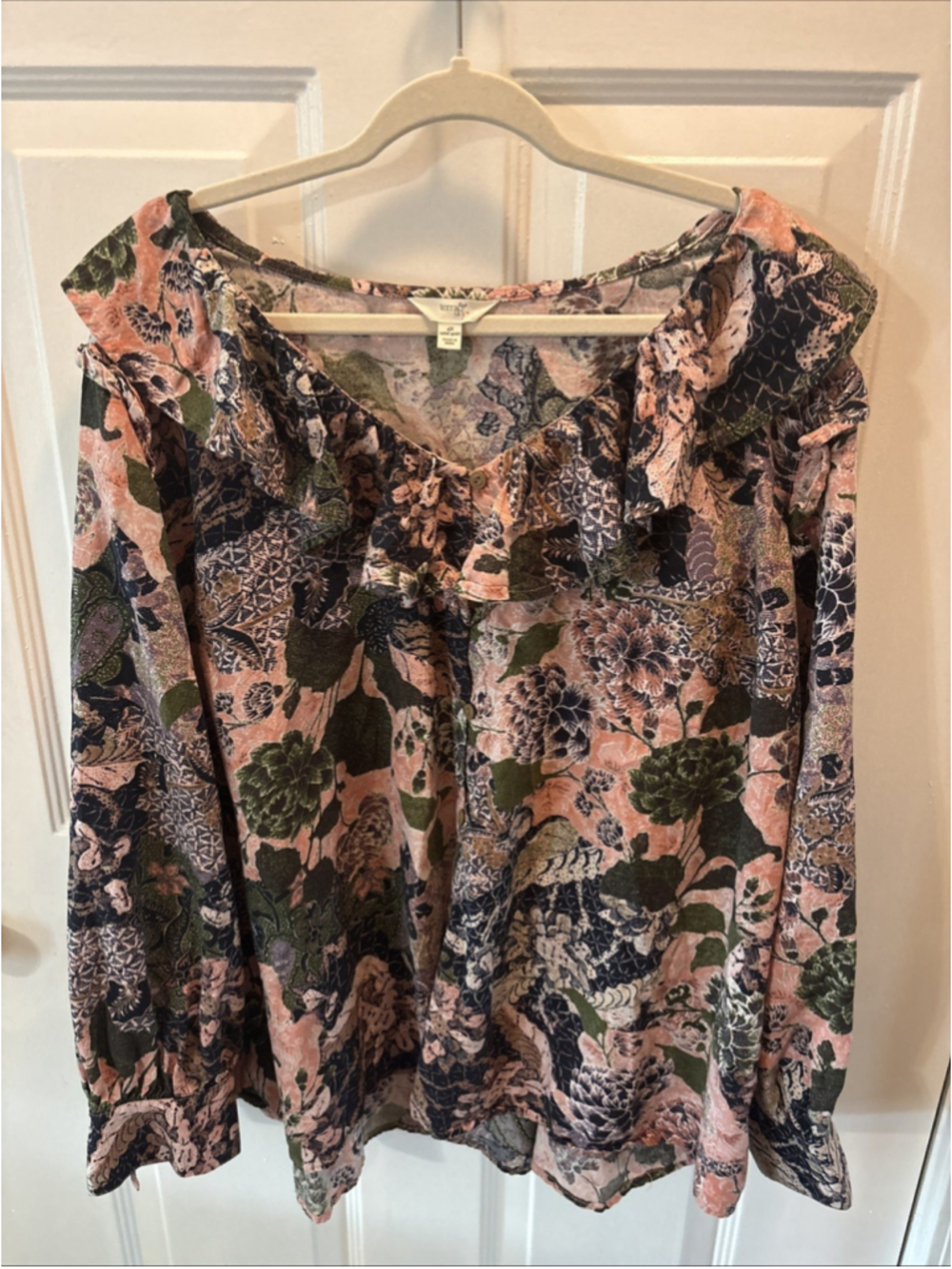 Terra & Sky Long Sleeve Women’s Ruffle V-neck 4X Floral Multicolor 1103